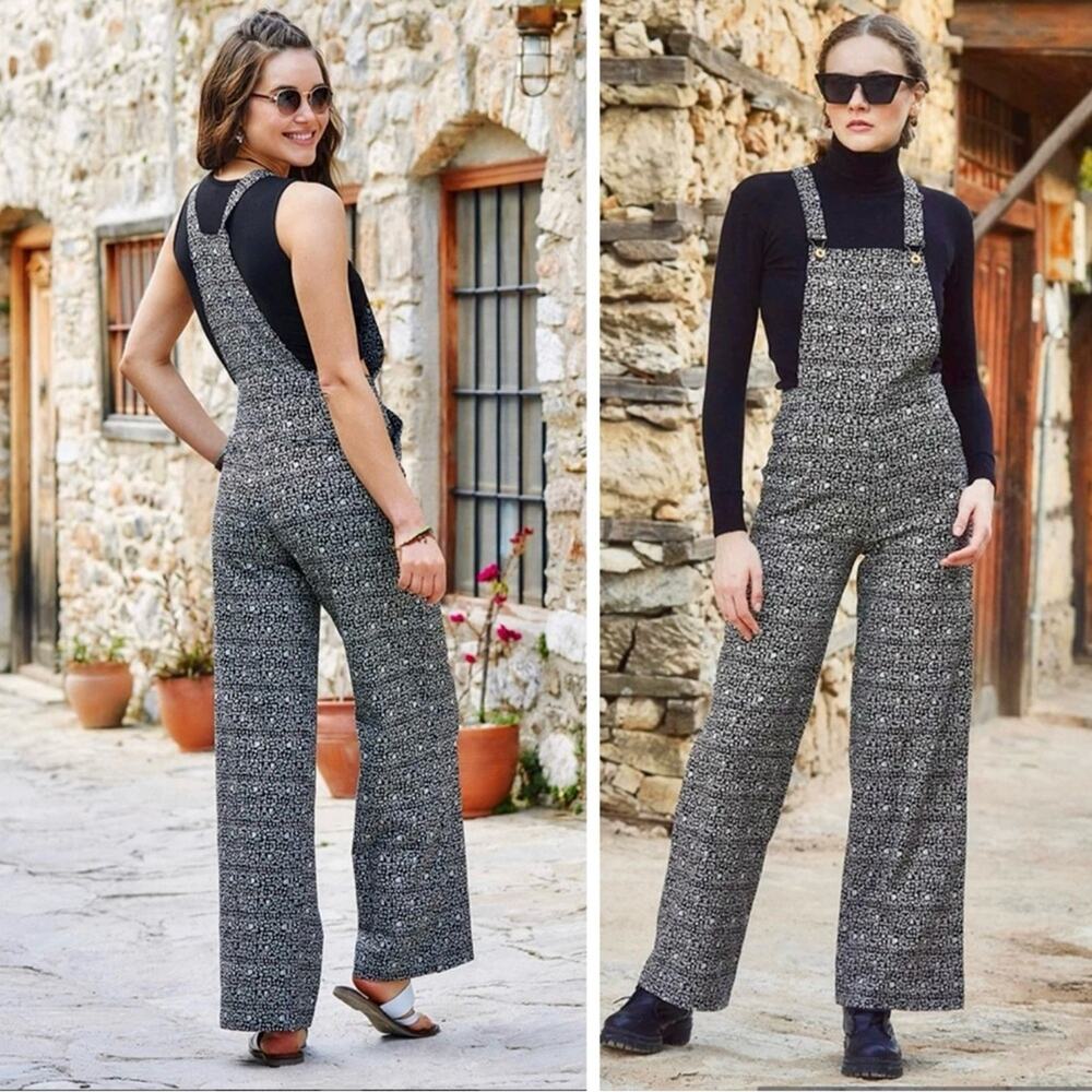 NWT Organic Cotton Bohemian Wide Leg Jumpsuit – Black & White Overalls Size M